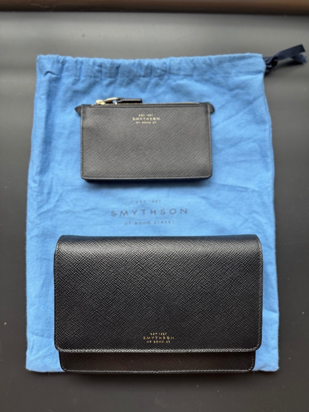 Smythson Panama Black Leather Cross Body Bag and Wallet